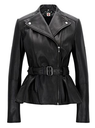 Belle Black Blazar Trench Coat Belted Peplum Real Leather Jacket Women
