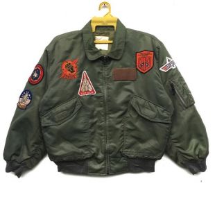 vintage 90s Top Gun Jacket MA-1 Military Flight Bomber Patch Tom Cat Flyers Reversible Embroidered Sweater Size Medium
