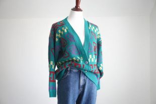 vintage 1980s vert turquoise vert vert patterened pull cardigan pull dames S M L cardigan en tricot rétro