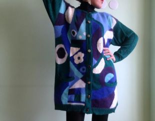 Betty Barclay Sequin Cardigan, Blue Knit Throw, Green Blazer, Turquoise Jacket, Geometric Sweater, 90s Slouchy Cardigan, Granny Sweater