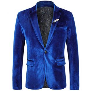 WEEN CHARM Men's Velvet Suit Jacket One Button Slim Fit Velvet Blazer Blue