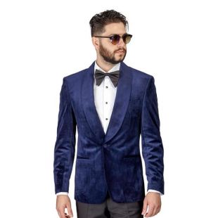 Tuxedo Jacket Mens Slim Fit Navy Blue Velvet Dinner Blazer Shawl Lapel Collar 1 Button AZAR