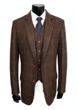 Men's Made to Order Country Brown Check Tweed Costume trois pièces