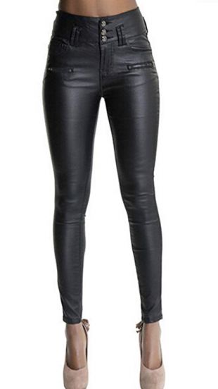 Ecupper Womens Black Faux Leather Pants High Waisted Skinny Coated Leggings 29" Inseam-Regular XL-40