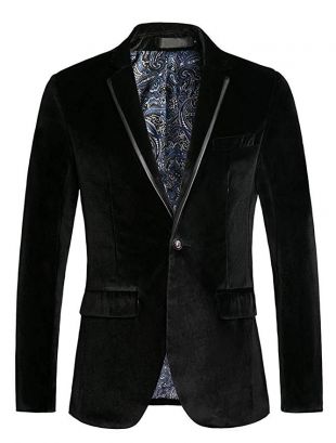 THWEI Mens Velvet Blazer Slim Fit Solid Blazer Sport Coat (XL, P-Black)