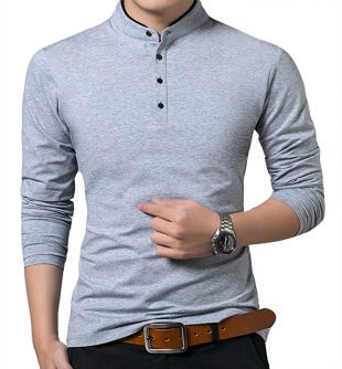 KUYIGO Men’s Casual Slim Fit Shirts Long Sleeve Polo Shirts Cotton Shirts Light Grey Small