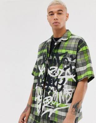 - Chemise d'ensemble avec col à revers et motif graffiti - Carreaux vert fluo