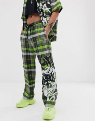 - Pantalon à carreaux avec graffiti - Vert fluo (ensemble)
