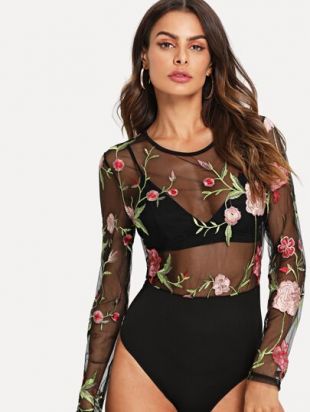 Flo­ral Em­broi­dered Sheer Body­suit