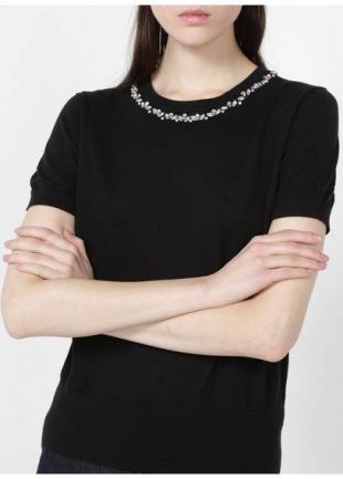 PULL COL ROND BIJOUX MOULANT EN MAILLE DE COTON NOIR  - FEMME | Place des Tendances