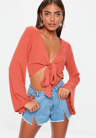 Tie Front Flare Sleeve Crop Top
