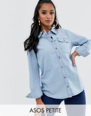 ASOS DESIGN Petite denim shirt with pocket in midwash blue | ASOS