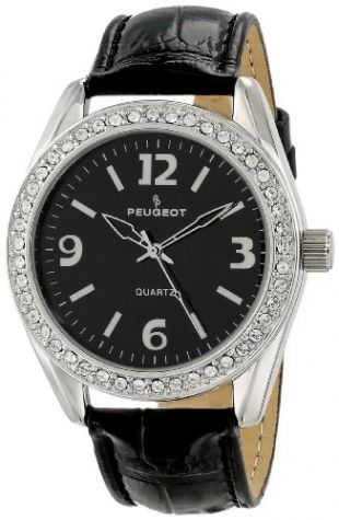 Peugeot Women's 3006BK Silver-Tone Swarovski Crystal Accented Black Leather Strap Watch
