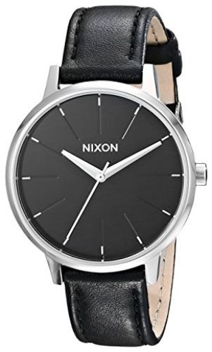 Nixon Kensington Leather Black Casual Designer Women’s Watch (37mm. Black & Silver Face/Black Leather Band)