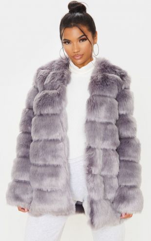 Manteau effet matelassé en fausse fourrure grise