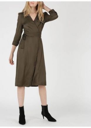 ROBE MIDI PORTEFEUILLE EN JACQUARD KAKI ARMY