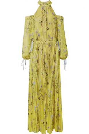 Cold Shoulder Printed Pleated Chiffon Maxi Dress