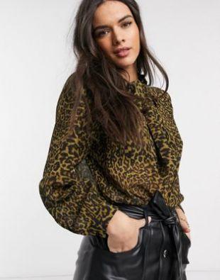Tie neck blouse in leopard print