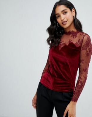 Velvet top with lace sleeves in berry