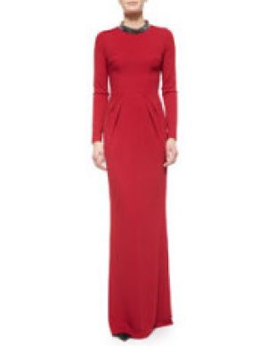 Escada Long-Sleeve Crystal-Collar Gown, Dark Tivoli Red