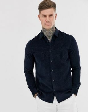 Armani Exchange - Chemise slim en velours petites côtes à pois bleu marine | ASOS