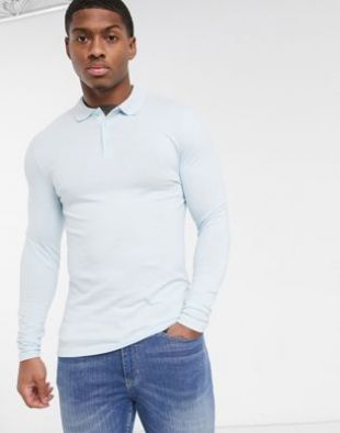 ASOS DESIGN - Polo moulant à manches longues en tissu biologique - Bleu | ASOS
