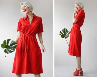 vintage coton rouge vif manches courtes simple longueur genou ceinturé quart midi robe M