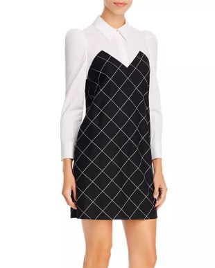 Mixed-Media Windowpane-Check Shirt Dress