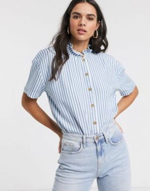 Blouse with ruffle neck in blue stripe