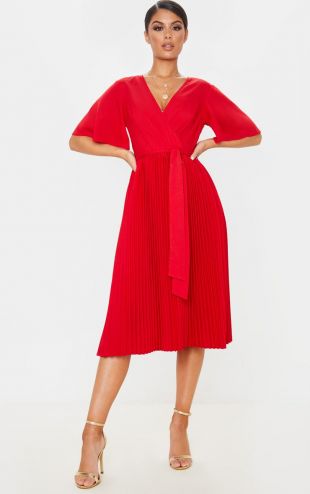 Red pleated midi dress main image 0