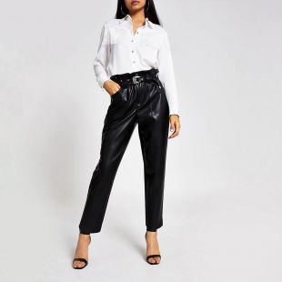 Black Faux Leather Belt­ed Peg Trousers