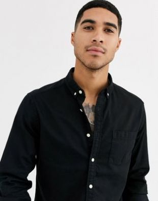 stretch slim organic denim shirt in black