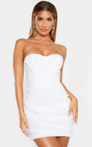 White Bandeau Binded Cup Detail Ruched Bodycon Dress