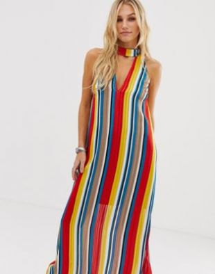 High neck maxi dress in rainbow stripe with cut out plunge front