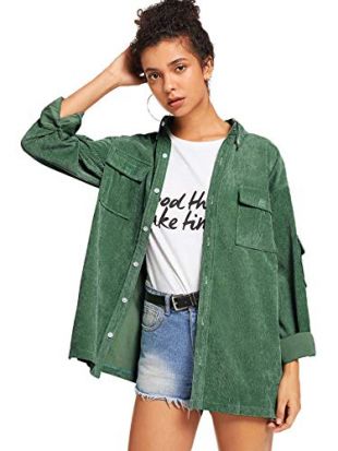 ROMWE Damen Kragen Button-Down Roll Up Lange Ärmel Casual Jacke Outwear mit Fronttaschen - Grün - Small