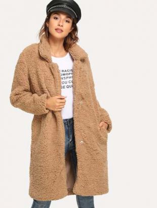 Pock­et Side Sol­id Ted­dy Out­er­wear