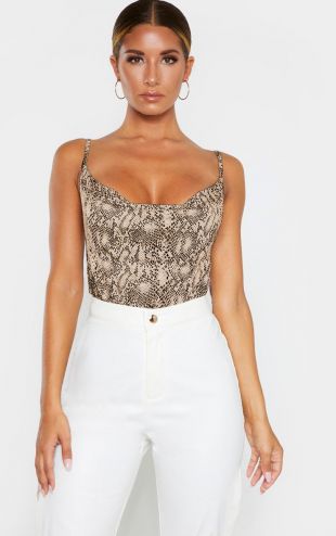 Beige Snake Slinky Cowl Neck Cami