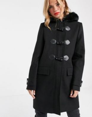 ASOS DESIGN duffle coat with faux fur trim in black | ASOS