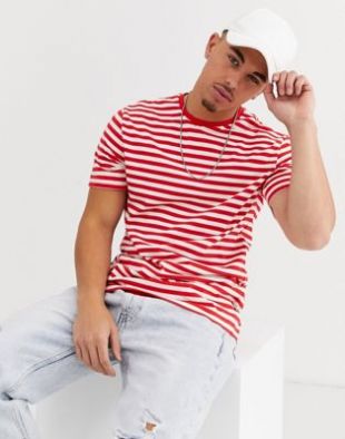 Only & Sons striped crew neck t-shirt in red | ASOS