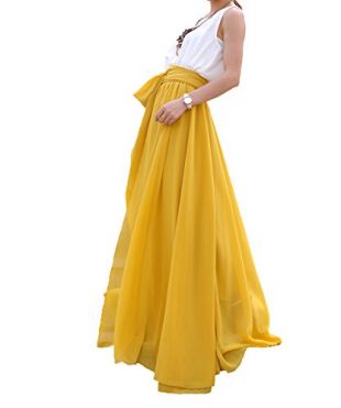 MELANSAY Women's Beatiful Bow Tie Summer Beach Chiffon High Waist Maxi Skirt XL,Mustard Yellow