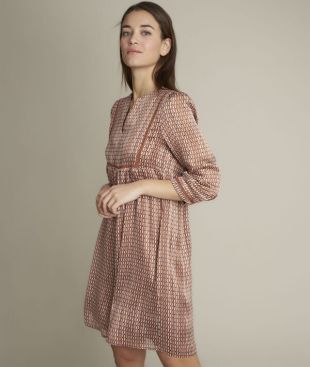ROBE COURTE COL TUNISIEN IMPRIMÉE BEIGE