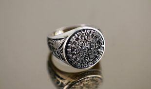 vintage Round Maya Tribe Symbols Sun Earth Design Signet Ring 925 Sterling Silver Size 11.5 RG 113
