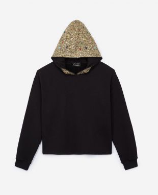 BLack Cotton Sweatshirt With Jewel  Hood