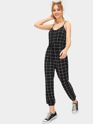 Halter Neck Plaid Peg Leg Jumpsuit