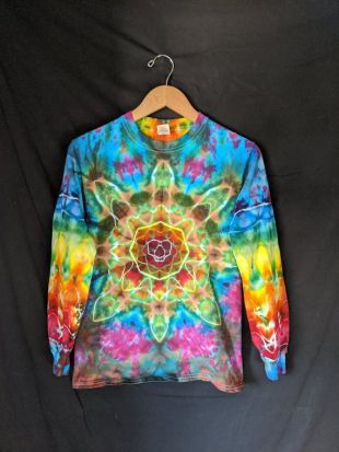 Small Unisex Tie Dye Rainbow Psychedelic Mandala Long Sleeve T-shirt , One-of-a-Kind Piece of Tie Dye Art Inspired by Nature