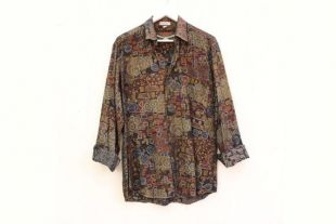 80s Psychedelic Earthy Abstract Art Print Long Sleeve Slouchy vintage Mens / Unisex Collared Shirt