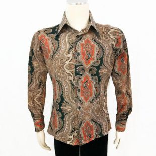 vintage 70s Shirt Mens Ethnic Print Long Sleeve Long Sleeve Psychedelic Rayon Nylon Jersey M L