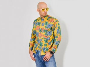 Chemise à fleurs rayonne imprimée Vintage moutarde arc en ciel manches longues hawaïen fleurs collier bouton haut vers le bas homme M/L