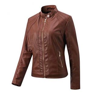 Faux Leather Moto Biker Thick Lined Zip Up Jacket Brown