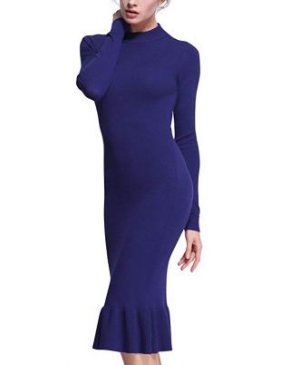Rocorose Women's Midi Sweater Dress Bodyon Mermaid Mock Neck Stretch Knitwear Long Sleeve Blue S